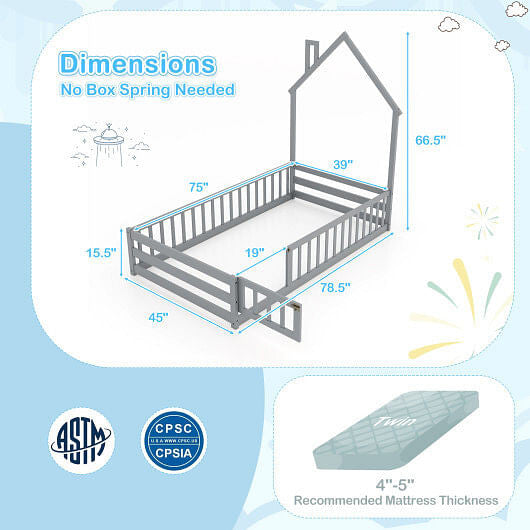 Twin Size Montessori Floor Bed with Lockable Door and Full-Length Guardrail-Gray