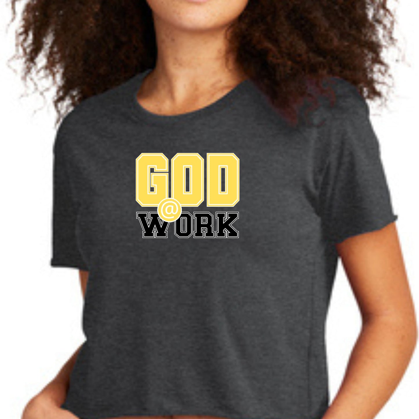 Womens Cropped Graphic T-shirt - God @ Work Yellow and Black Print
