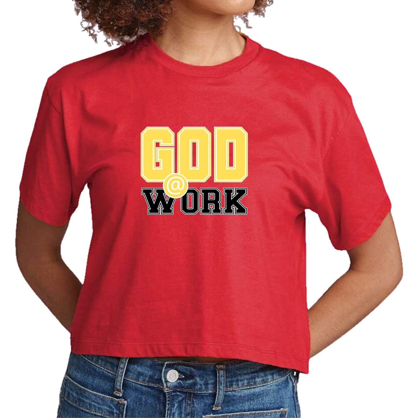Womens Cropped Graphic T-shirt - God @ Work Yellow and Black Print