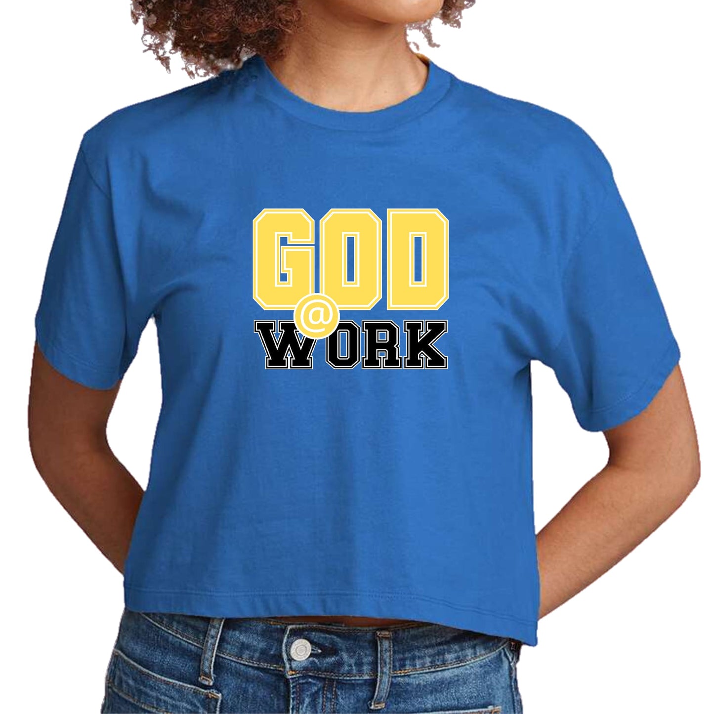 Womens Cropped Graphic T-shirt - God @ Work Yellow and Black Print