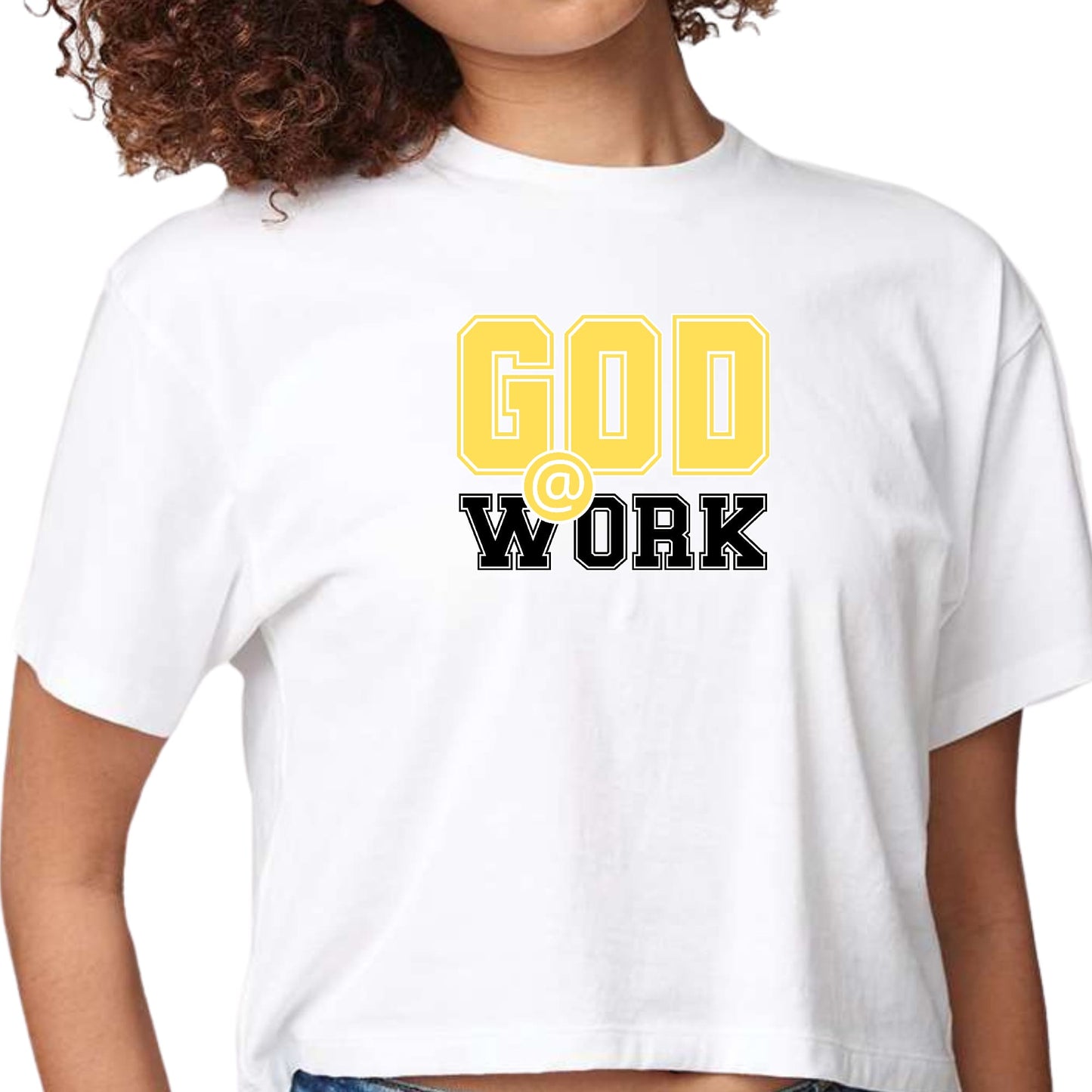 Womens Cropped Graphic T-shirt - God @ Work Yellow and Black Print