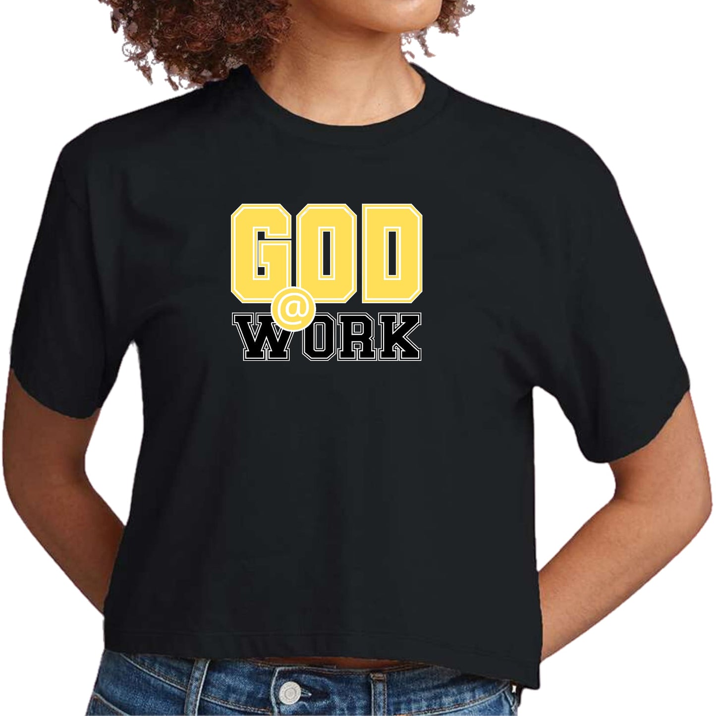 Womens Cropped Graphic T-shirt - God @ Work Yellow and Black Print