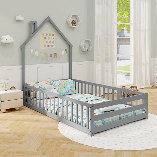 Twin Size Montessori Floor Bed with Lockable Door and Full-Length Guardrail-Gray