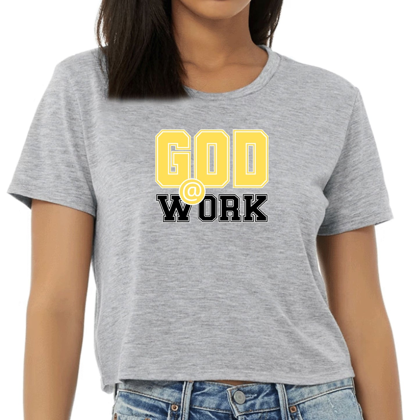 Womens Cropped Graphic T-shirt - God @ Work Yellow and Black Print